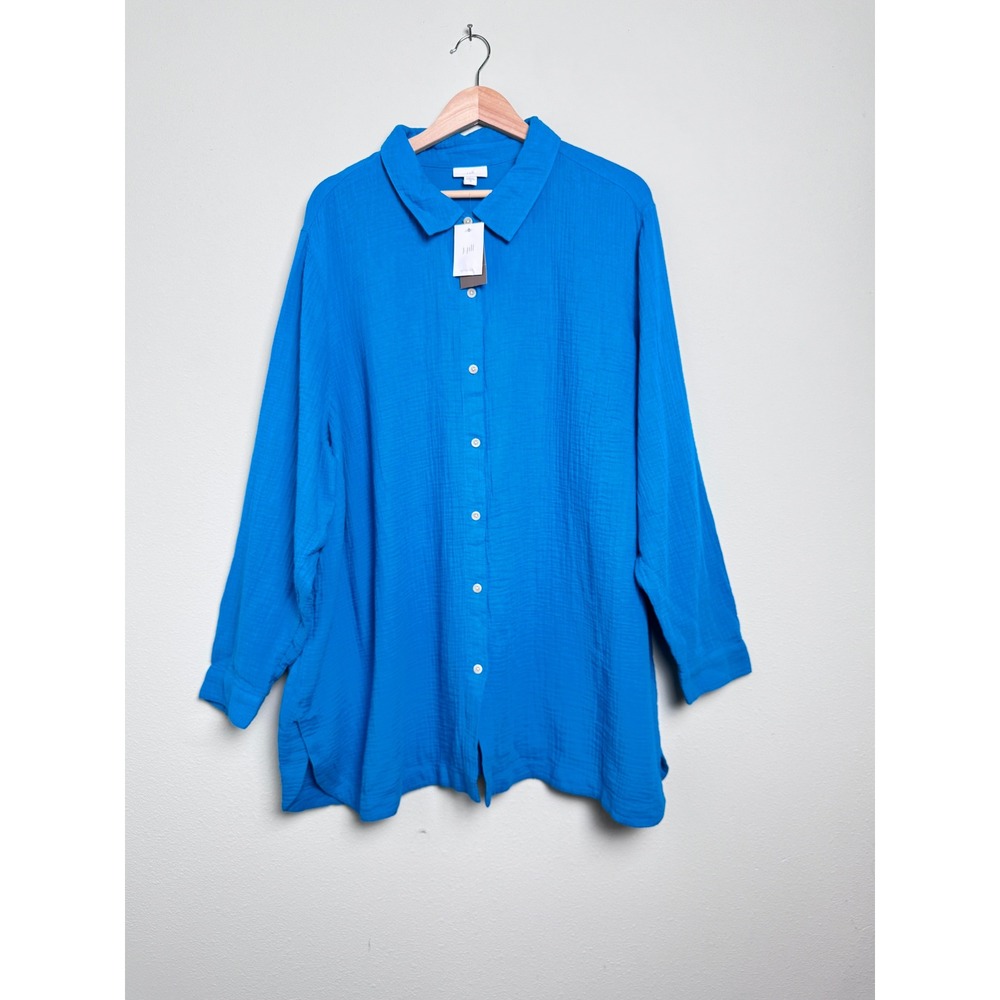 J. Jill Crinkle Cotton-Gauze Button-Front Long Sleeve Mediterranean Blue 3X NEW